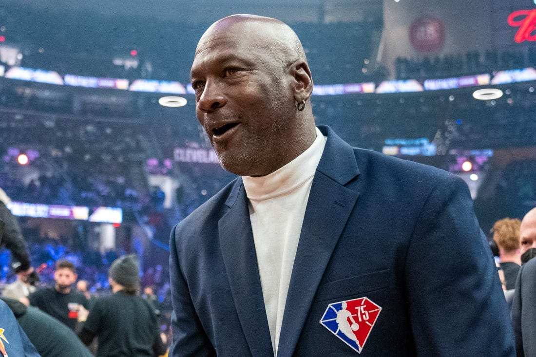 February 20, 2022; Cleveland, Ohio, USA; NBA great Michael Jordan is honored for being selected to the NBA 75th Anniversary Team during halftime in the 2022 NBA All-Star Game at Rocket Mortgage FieldHouse. Mandatory Credit: Kyle Terada-USA TODAY Sports