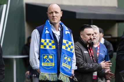 Apr 27, 2022; Portland, OR, USA; Timbers owner Merritt Paulson before a Peace Charity soccer Match between player with the Portland Thorns FC and Portland Timbers at Providence Park. Mandatory Credit: Troy Wayrynen-USA TODAY Sports
