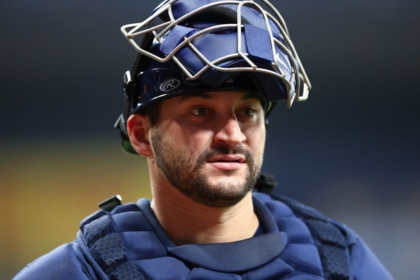 May 14, 2022; St. Petersburg, Florida, USA;  Tampa Bay Rays catcher Mike Zunino (10) looks on in the ninth inning during a game against the Toronto Blue Jays at Tropicana Field. Mandatory Credit: Nathan Ray Seebeck-USA TODAY Sports