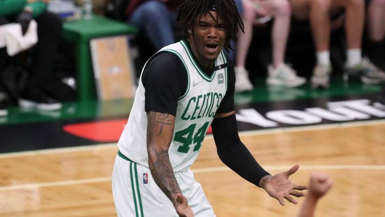 Jun 16, 2022; Boston, Massachusetts, USA; Boston Celtics center Robert Williams III (44) reacts after a foul during the first quarter of game six in the 2022 NBA Finals against the Golden State Warriors at the TD Garden. Mandatory Credit: Paul Rutherford-USA TODAY Sports