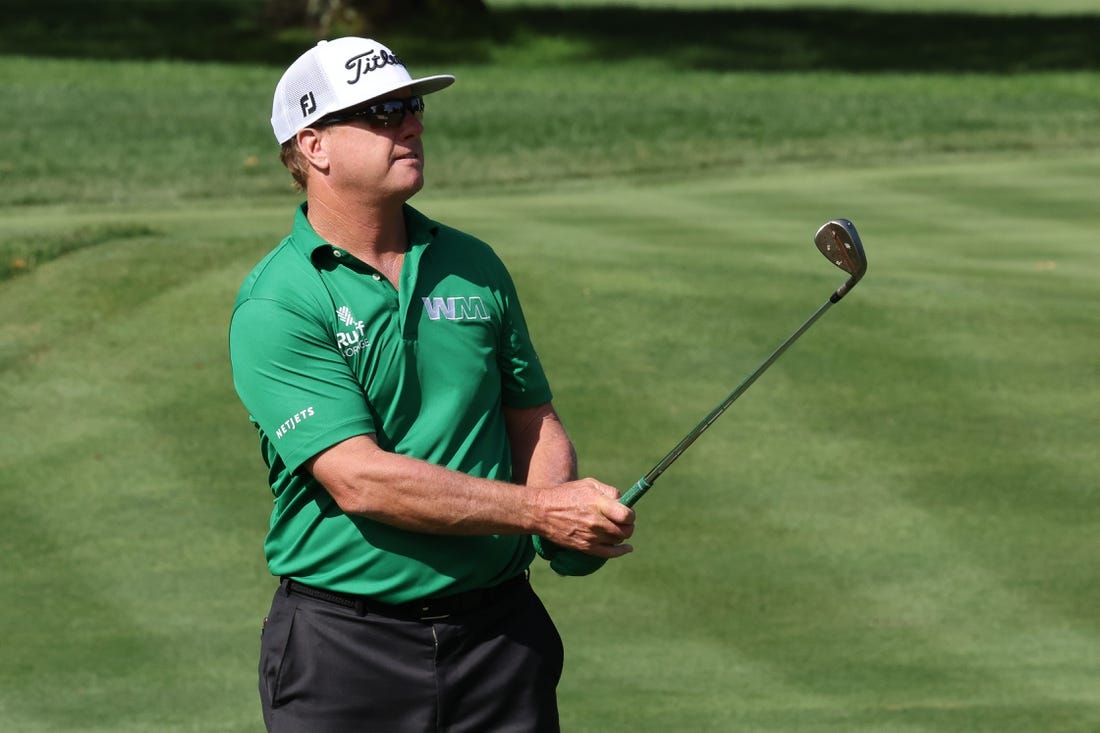 Jun 23, 2022; Cromwell, Connecticut, USA; Charley Hoffman plays a shot from the fairway of the fourth hole during the first round of the Travelers Championship golf tournament. Mandatory Credit: Vincent Carchietta-USA TODAY Sports