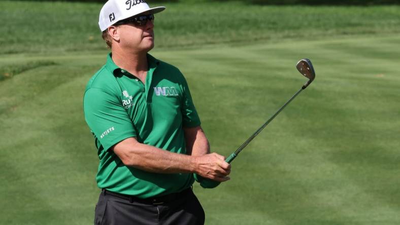 Jun 23, 2022; Cromwell, Connecticut, USA; Charley Hoffman plays a shot from the fairway of the fourth hole during the first round of the Travelers Championship golf tournament. Mandatory Credit: Vincent Carchietta-USA TODAY Sports