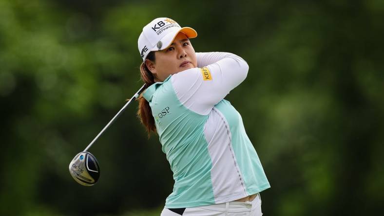 Jun 24, 2022; Bethesda, Maryland, USA; Inbee Park plays her shot from the 18th tee during the second round of the KPMG Women's PGA Championship golf tournament at Congressional Country Club. Mandatory Credit: Scott Taetsch-USA TODAY Sports