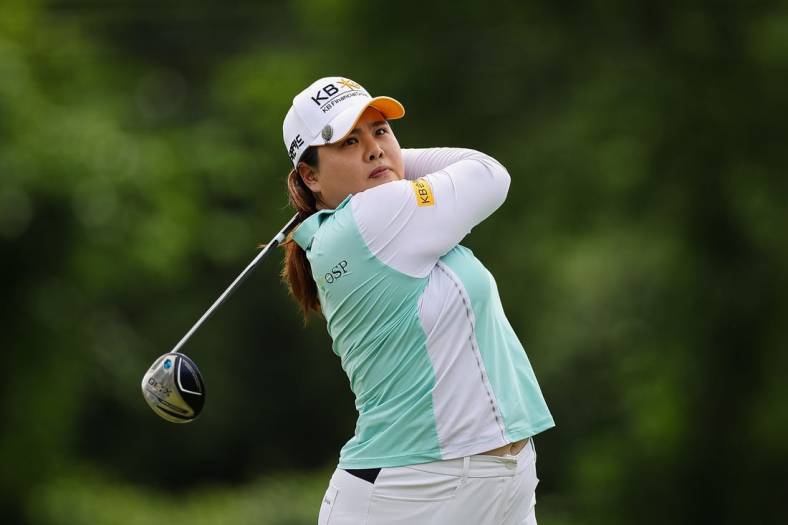 Jun 24, 2022; Bethesda, Maryland, USA; Inbee Park plays her shot from the 18th tee during the second round of the KPMG Women's PGA Championship golf tournament at Congressional Country Club. Mandatory Credit: Scott Taetsch-USA TODAY Sports