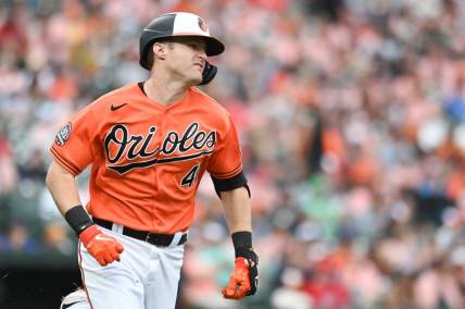 Jul 9, 2022; Baltimore, Maryland, USA;  Baltimore Orioles third baseman Tyler Nevin (41) singles during the third inning against the Los Angeles Angels at Oriole Park at Camden Yards. Mandatory Credit: Tommy Gilligan-USA TODAY Sports