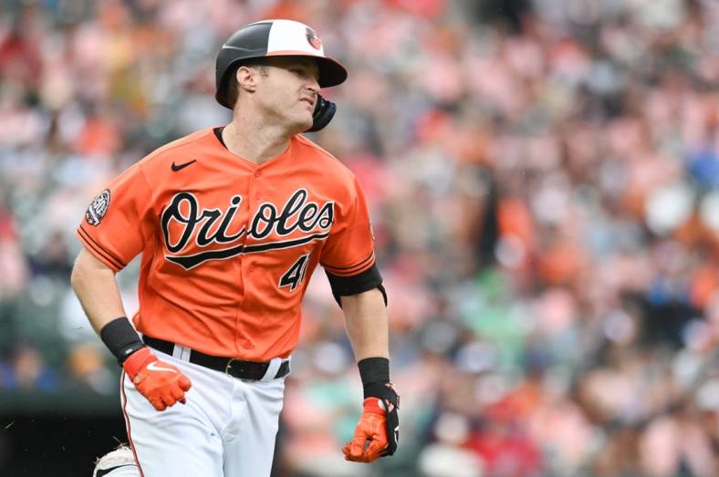 Jul 9, 2022; Baltimore, Maryland, USA;  Baltimore Orioles third baseman Tyler Nevin (41) singles during the third inning against the Los Angeles Angels at Oriole Park at Camden Yards. Mandatory Credit: Tommy Gilligan-USA TODAY Sports