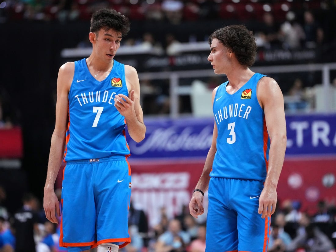 Jul 9, 2022; Las Vegas, NV, USA; Oklahoma City Thunder forward Chet Holmgren (7) talks to guard Josh Giddey (3) during an NBA Summer League game against the Houston Rockets at Thomas & Mack Center. Mandatory Credit: Stephen R. Sylvanie-USA TODAY Sports