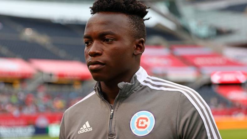 Jul 16, 2022; Chicago, Illinois, USA; Chicago Fire defender Jhon Espinoza (14) during the first half at Soldier Field. Mandatory Credit: Mike Dinovo-USA TODAY Sports