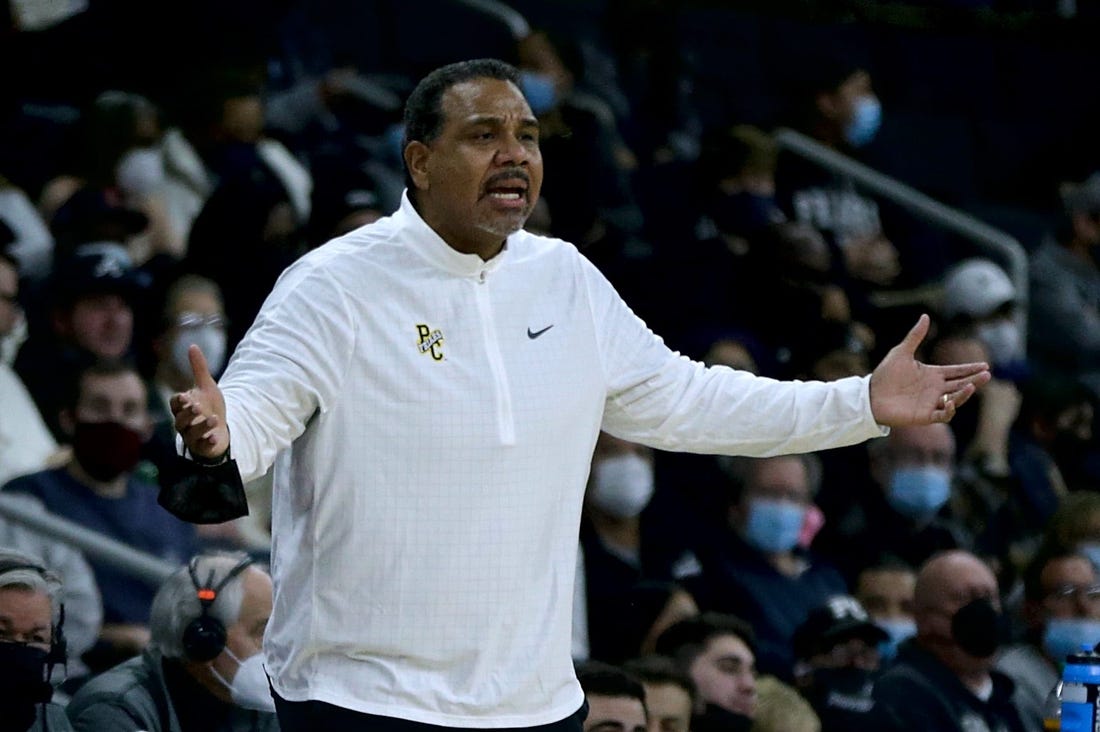 Providence College Friars  coach Ed Cooley questioning a  ref over a call in the first half.  Providence College Friars host the Butler Bulldogs in men's basketball at the Dunkin Donut  Center on Jan 23, 2022.  [The Providence Journal / Kris Craig]   ORG XMIT: 00042492A