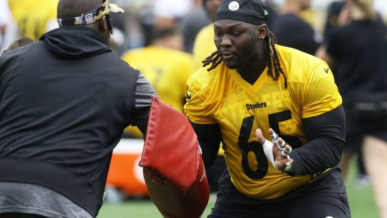 Jul 27, 2022; Latrobe, PA, USA; Pittsburgh Steelers defensive end Larry Ogunjobi (65) participates in training camp at Chuck Noll Field. Mandatory Credit: Charles LeClaire-USA TODAY Sports