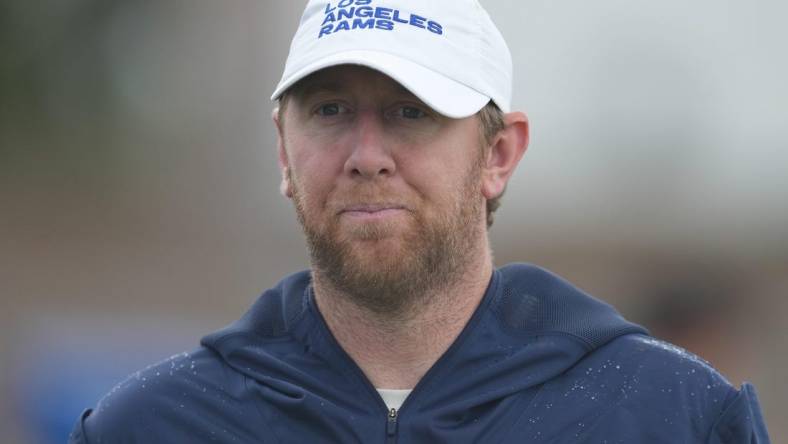 Jul 31, 2022; Irvine, CA, USA; Los Angeles Rams offensive coordinator Liam Coen during training camp at UC Irvine. Mandatory Credit: Kirby Lee-USA TODAY Sports