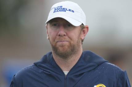 Jul 31, 2022; Irvine, CA, USA; Los Angeles Rams offensive coordinator Liam Coen during training camp at UC Irvine. Mandatory Credit: Kirby Lee-USA TODAY Sports