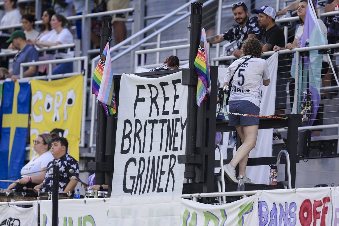 Aug 5, 2022; Louisville, Kentucky, USA; A sign supporting Brittney Griner (not pictured), who has recently been sentenced to nine years in prison in Russia, is displayed during the first half of the game between the Washington Spirit and Racing Louisville FC at Lynn Family Stadium. Mandatory Credit: Aaron Doster-USA TODAY Sports