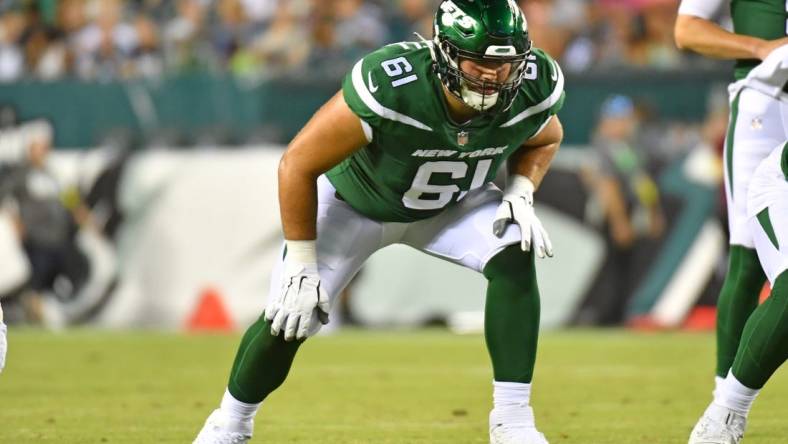 Aug 12, 2022; Philadelphia, Pennsylvania, USA; New York Jets offensive tackle Max Mitchell (61) against the Philadelphia Eagles at Lincoln Financial Field. Mandatory Credit: Eric Hartline-USA TODAY Sports