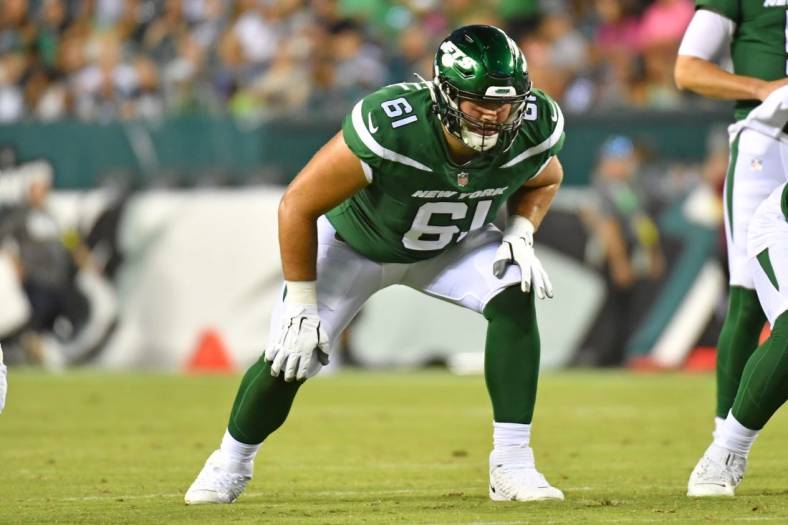 Aug 12, 2022; Philadelphia, Pennsylvania, USA; New York Jets offensive tackle Max Mitchell (61) against the Philadelphia Eagles at Lincoln Financial Field. Mandatory Credit: Eric Hartline-USA TODAY Sports