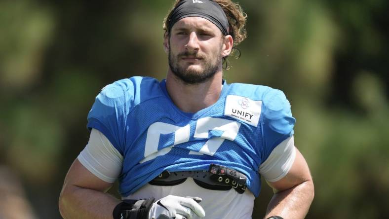 Aug 18, 2022; Costa Mesa, CA, USA; Los Angeles Chargers linebacker Joey Bosa (97) reacts during joint practice against the Dallas Cowboys at Jack Hammett Sports Complex. Mandatory Credit: Kirby Lee-USA TODAY Sports