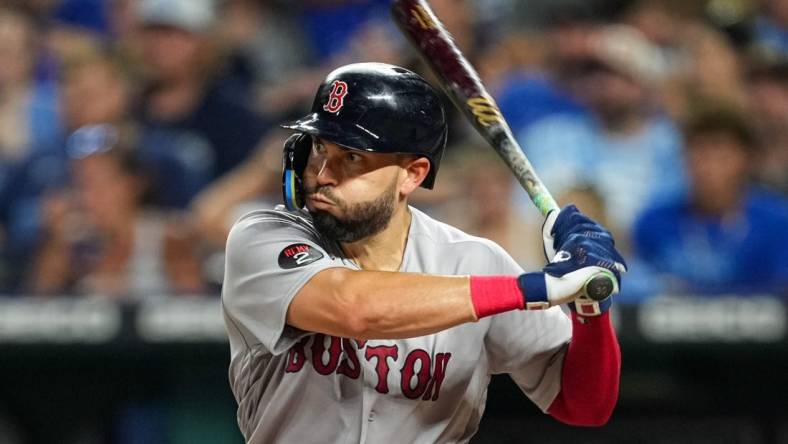 Aug 5, 2022; Kansas City, Missouri, USA; Boston Red Sox first baseman Eric Hosmer (35) bats against the Kansas City Royals during the sixth inning at Kauffman Stadium. Mandatory Credit: Jay Biggerstaff-USA TODAY Sports