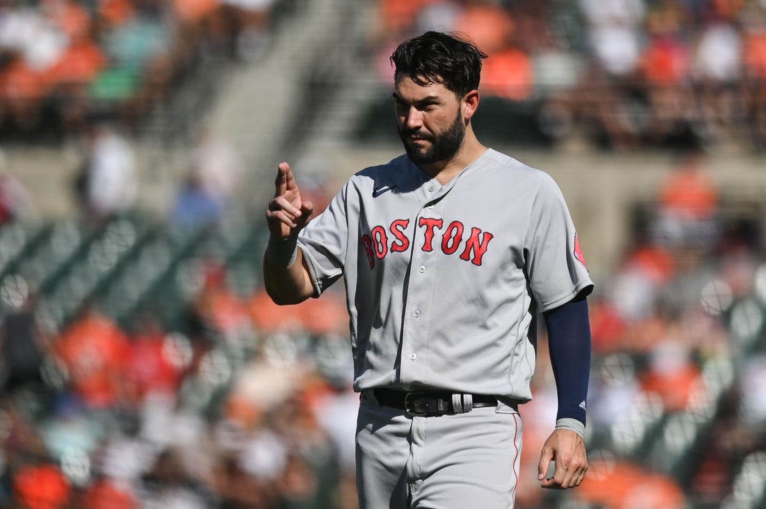 Aug 20, 2022; Baltimore, Maryland, USA;  Boston Red Sox first baseman Eric Hosmer (35) walks across the field during the second inning against the Baltimore Orioles at Oriole Park at Camden Yards. Mandatory Credit: Tommy Gilligan-USA TODAY Sports