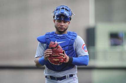 Aug 27, 2022; Milwaukee, Wisconsin, USA; Chicago Cubs catcher Willson Contreras (40) walks in from the outfield before their game against the Milwaukee Brewers at American Family Field. Mandatory Credit: Michael McLoone-USA TODAY Sports