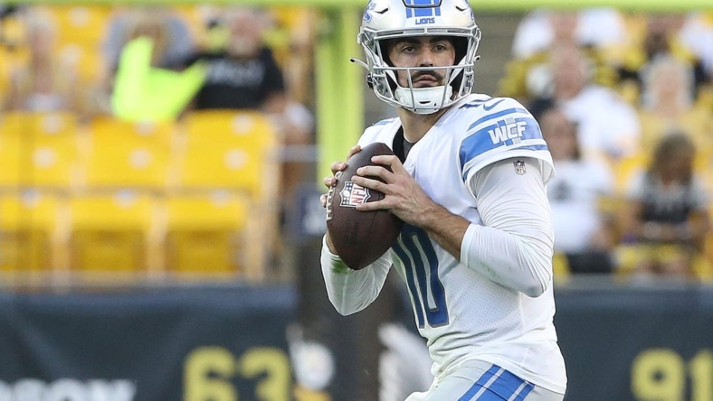 Aug 28, 2022; Pittsburgh, Pennsylvania, USA;  Detroit Lions quarterback David Blough (10) looks to pass against the Pittsburgh Steelers during the fourth quarter at Acrisure Stadium. Pittsburgh won 19-9. Mandatory Credit: Charles LeClaire-USA TODAY Sports