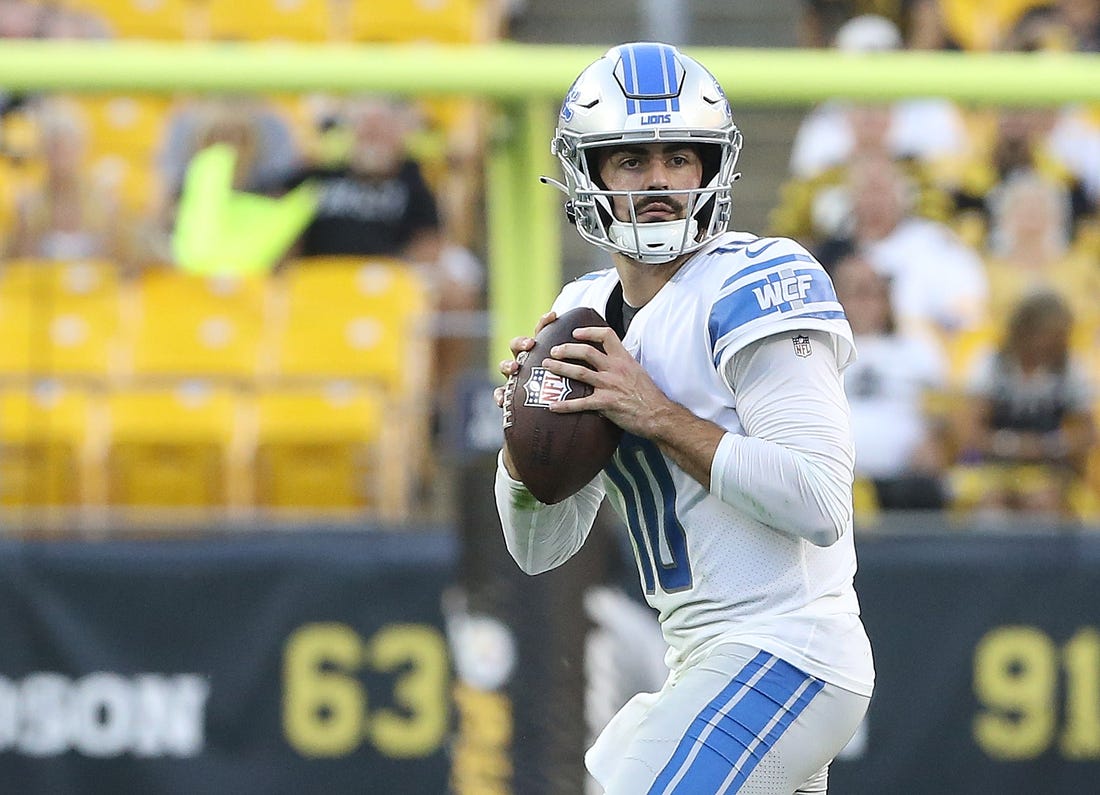 Aug 28, 2022; Pittsburgh, Pennsylvania, USA;  Detroit Lions quarterback David Blough (10) looks to pass against the Pittsburgh Steelers during the fourth quarter at Acrisure Stadium. Pittsburgh won 19-9. Mandatory Credit: Charles LeClaire-USA TODAY Sports