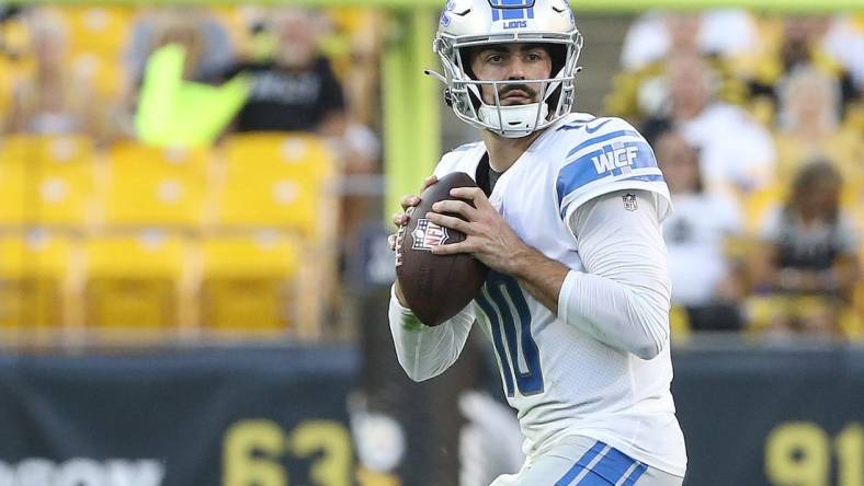 Aug 28, 2022; Pittsburgh, Pennsylvania, USA;  Detroit Lions quarterback David Blough (10) looks to pass against the Pittsburgh Steelers during the fourth quarter at Acrisure Stadium. Pittsburgh won 19-9. Mandatory Credit: Charles LeClaire-USA TODAY Sports