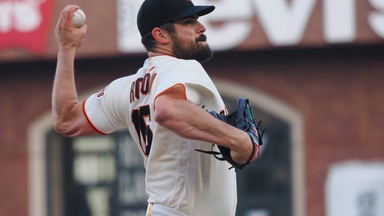 Aug 29, 2022; San Francisco, California, USA; San Francisco Giants starting pitcher Carlos Rodon (16) pitches the ball against the San Diego Padres during the first inning at Oracle Park. Mandatory Credit: Kelley L Cox-USA TODAY Sports