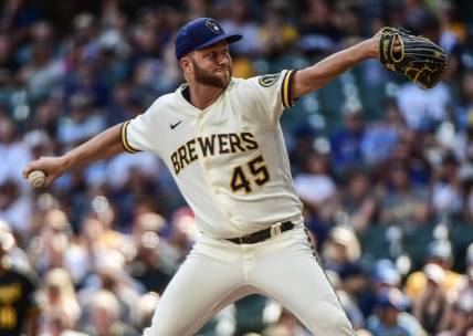 Aug 31, 2022; Milwaukee, Wisconsin, USA; Milwaukee Brewers pitcher Brad Boxberger (45) throws a pitch in the seventh inning against the Pittsburgh Pirates at American Family Field. Mandatory Credit: Benny Sieu-USA TODAY Sports