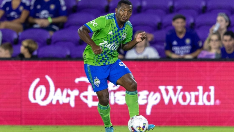 Aug 31, 2022; Orlando, Florida, USA;  Seattle Sounders defender Jimmy Medranda (94) controls the ball against Orlando City in the first half at Exploria Stadium. Mandatory Credit: Nathan Ray Seebeck-USA TODAY Sports