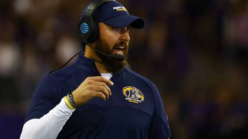 Sep 3, 2022; Seattle, Washington, USA; Kent State Golden Flashes head coach Sean Lewis reacts following a penalty in favor of the Washington Huskies during the second quarter at Alaska Airlines Field at Husky Stadium. Mandatory Credit: Joe Nicholson-USA TODAY Sports