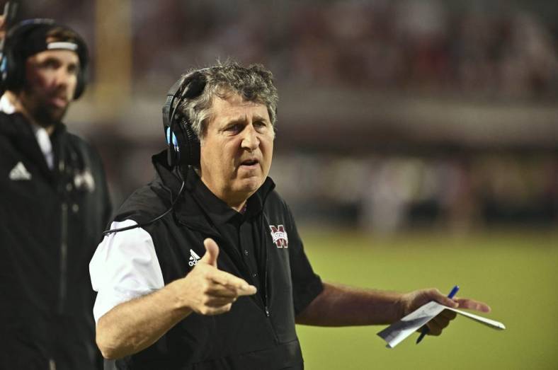 Sep 3, 2022; Starkville, Mississippi, USA; Mississippi State Bulldogs head coach Mike Leach reacts after a play against the Memphis Tigers during the fourth quarter at Davis Wade Stadium at Scott Field. Mandatory Credit: Matt Bush-USA TODAY Sports