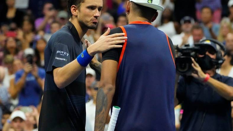 Sept 4, 2022; Flushing, NY, USA;  Daniil Medvedev after losing  Nick Kyrgios of Australia on day seven of the 2022 U.S. Open tennis tournament at USTA Billie Jean King National Tennis Center. Mandatory Credit: Robert Deutsch-USA TODAY Sports