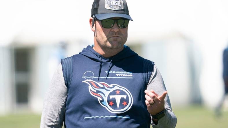 Tennessee Titans general manager Jon Robinson watches  practice at Ascension Saint Thomas Sports Park Thursday, Sept. 8, 2022, in Nashville, Tenn.

Nas 0908 Titans 014