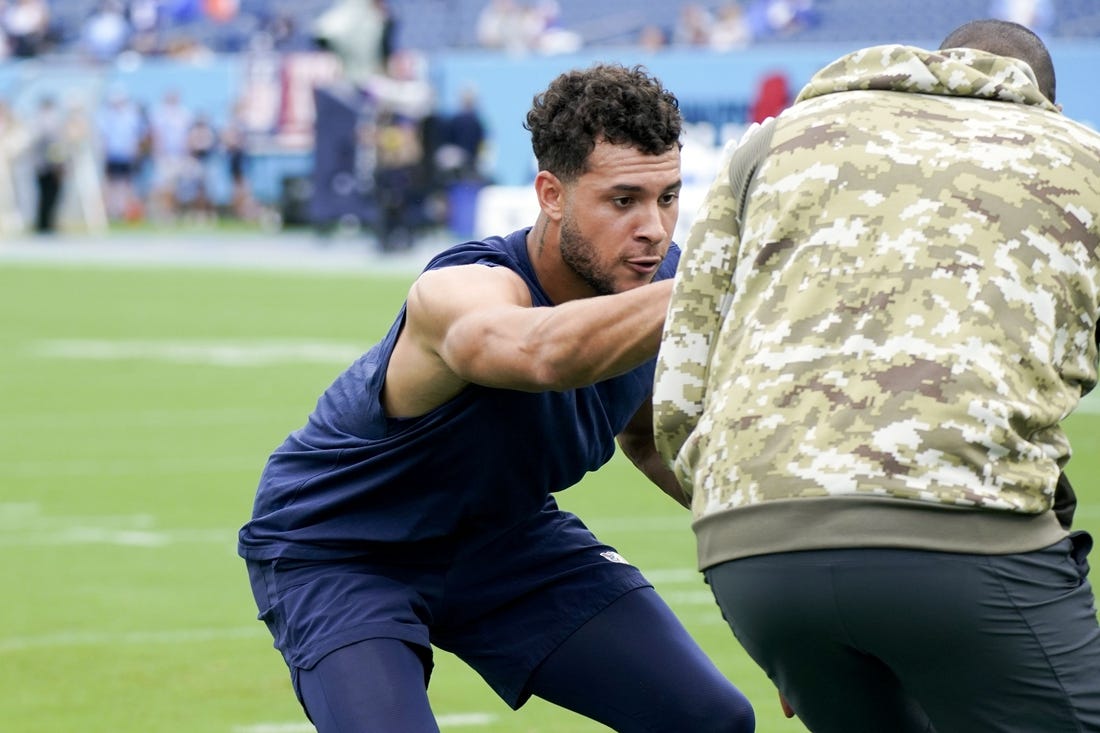 Sep 11, 2022; Nashville, Tennessee, USA; Tennessee Titans cornerback Caleb Farley (3) warms up before facing the New York Giants during their season opener at Nissan Stadium. Mandatory Credit: George Walker IV-USA TODAY Sports