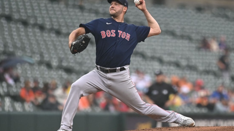 Sep 11, 2022; Baltimore, Maryland, USA; Boston Red Sox starting pitcher Rich Hill (44) throws a first inning pitch against the Baltimore Orioles  at Oriole Park at Camden Yards. Mandatory Credit: Tommy Gilligan-USA TODAY Sports