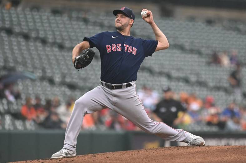 Sep 11, 2022; Baltimore, Maryland, USA; Boston Red Sox starting pitcher Rich Hill (44) throws a first inning pitch against the Baltimore Orioles  at Oriole Park at Camden Yards. Mandatory Credit: Tommy Gilligan-USA TODAY Sports