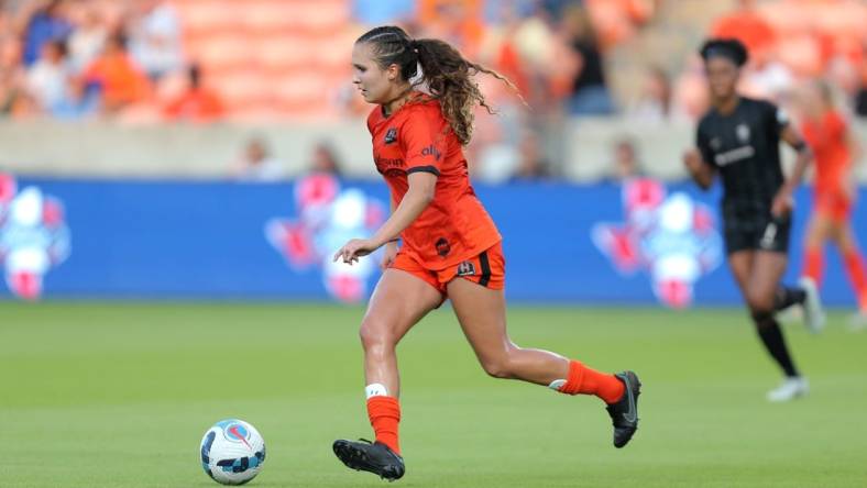 Sep 11, 2022; Houston, Texas, USA; Houston Dash defender Ally Prisock (23) controls the ball against Angel City FC in the first half of their game at PNC Stadium. Mandatory Credit: Erik Williams-USA TODAY Sports