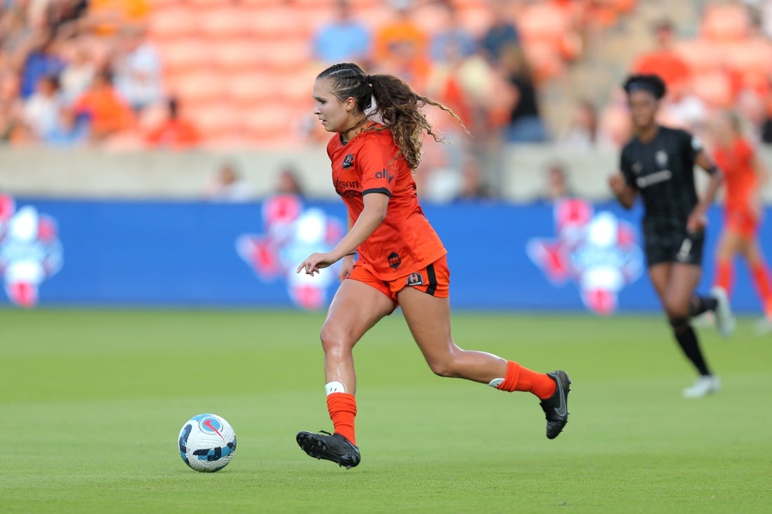 Sep 11, 2022; Houston, Texas, USA; Houston Dash defender Ally Prisock (23) controls the ball against Angel City FC in the first half of their game at PNC Stadium. Mandatory Credit: Erik Williams-USA TODAY Sports