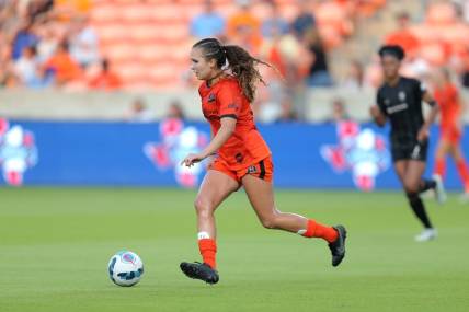 Sep 11, 2022; Houston, Texas, USA; Houston Dash defender Ally Prisock (23) controls the ball against Angel City FC in the first half of their game at PNC Stadium. Mandatory Credit: Erik Williams-USA TODAY Sports