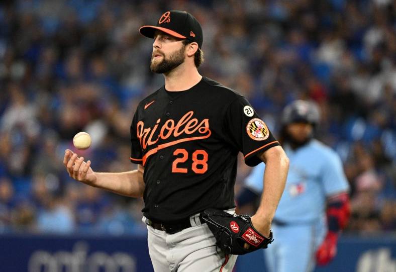 Sep 16, 2022; Toronto, Ontario, CAN;  Baltimore Orioles starting pitcher Jordan Lyles (28) in the first inning at Rogers Centre. Mandatory Credit: Dan Hamilton-USA TODAY Sports