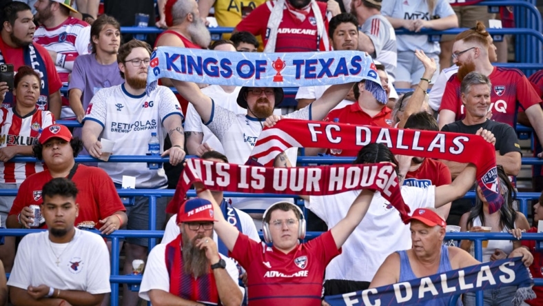 Sep 10, 2022; Frisco, Texas, USA; A view of the fans and their scarves before the game between FC Dallas and Los Angeles FC at Toyota Stadium. Mandatory Credit: Jerome Miron-USA TODAY Sports