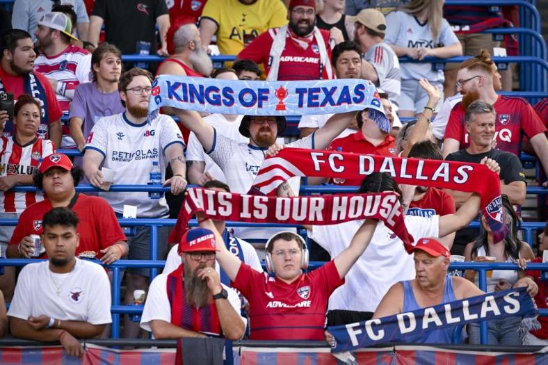 Sep 10, 2022; Frisco, Texas, USA; A view of the fans and their scarves before the game between FC Dallas and Los Angeles FC at Toyota Stadium. Mandatory Credit: Jerome Miron-USA TODAY Sports