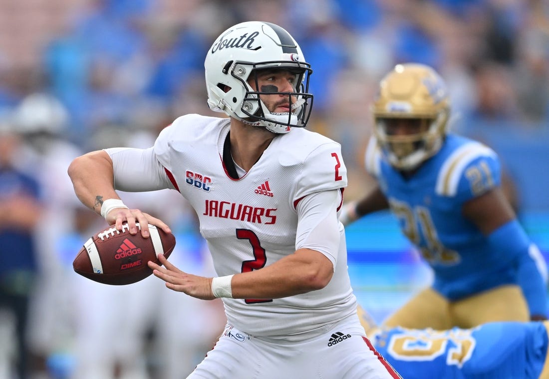 Sep 17, 2022; Pasadena, California, USA; South Alabama Jaguars quarterback Carter Bradley (2) sets to pass in the first half against the UCLA Bruins at the Rose Bowl. Mandatory Credit: Jayne Kamin-Oncea-USA TODAY Sports