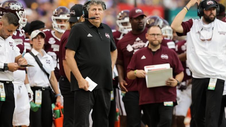 Sep 17, 2022; Baton Rouge, Louisiana, USA;  Mississippi State Bulldogs head coach Mike Leach looks on against the LSU Tigers during the first half at Tiger Stadium. Mandatory Credit: Stephen Lew-USA TODAY Sports