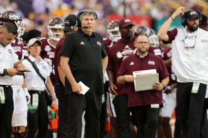 Sep 17, 2022; Baton Rouge, Louisiana, USA;  Mississippi State Bulldogs head coach Mike Leach looks on against the LSU Tigers during the first half at Tiger Stadium. Mandatory Credit: Stephen Lew-USA TODAY Sports