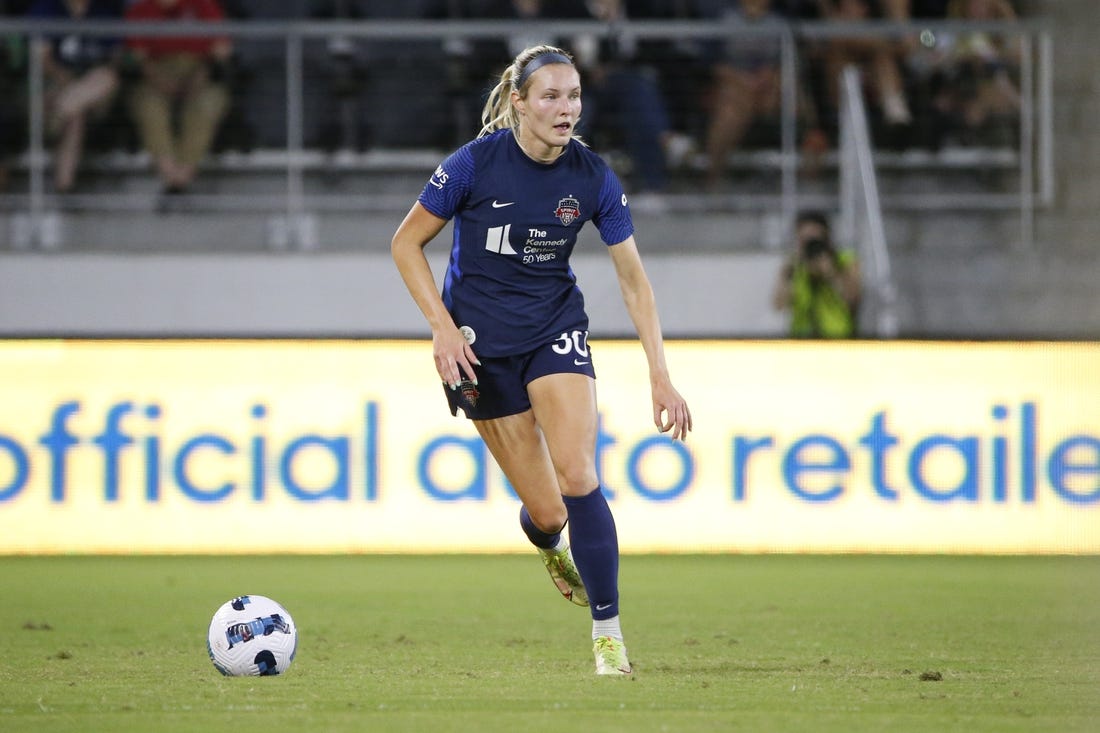 Sep 17, 2022; Washington, District of Columbia, USA; Washington Spirit defender Camryn Biegalski (30) looks to pass against New Jersey/New York Gotham FC in the first half at Audi Field. Mandatory Credit: Amber Searls-USA TODAY Sports