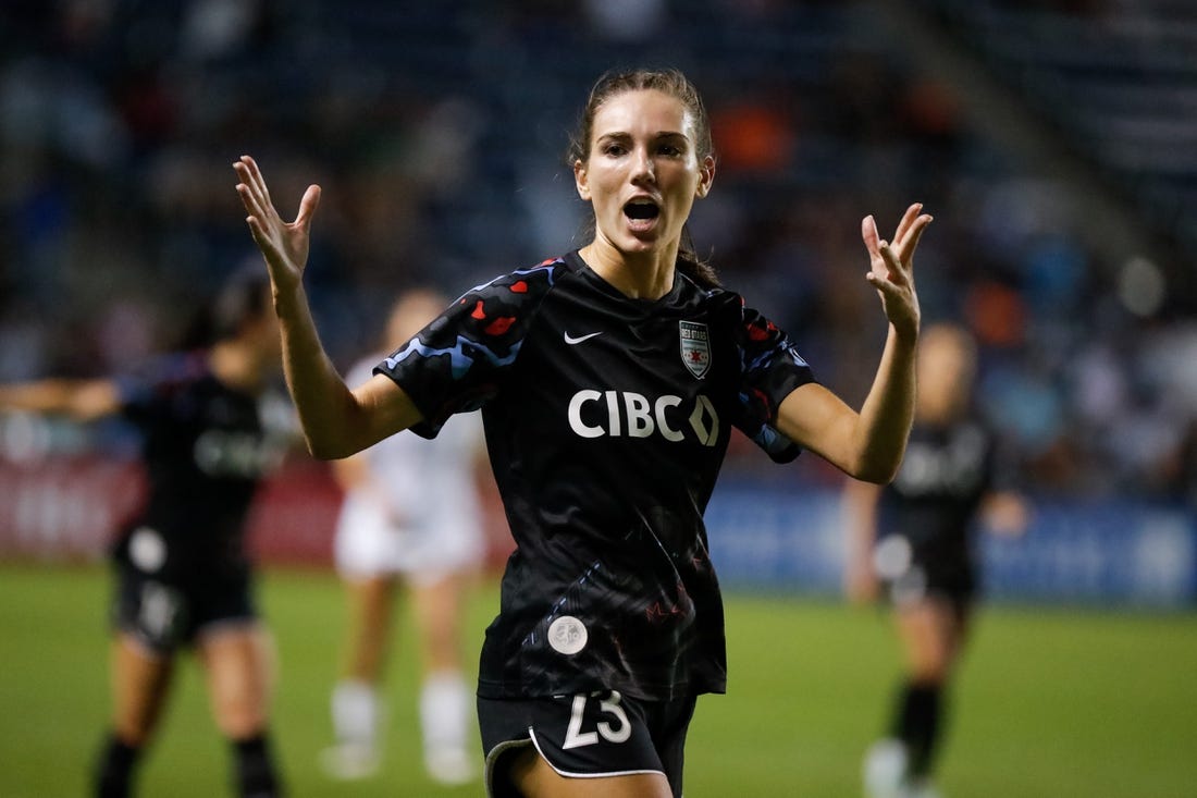 Sep 17, 2022; Bridgeview, Illinois, USA; Chicago Red Stars defender Tatumn Milazzo (23) reacts during the second half against the Houston Dash at SeatGeek Stadium. Mandatory Credit: Jon Durr-USA TODAY Sports