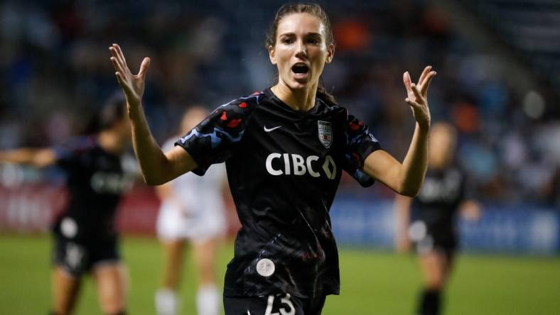 Sep 17, 2022; Bridgeview, Illinois, USA; Chicago Red Stars defender Tatumn Milazzo (23) reacts during the second half against the Houston Dash at SeatGeek Stadium. Mandatory Credit: Jon Durr-USA TODAY Sports