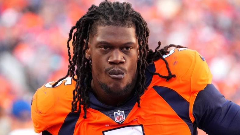 Sep 18, 2022; Denver, Colorado, USA; Denver Broncos linebacker Randy Gregory (5) during the second half against the Houston Texans at Empower Field at Mile High. Mandatory Credit: Ron Chenoy-USA TODAY Sports