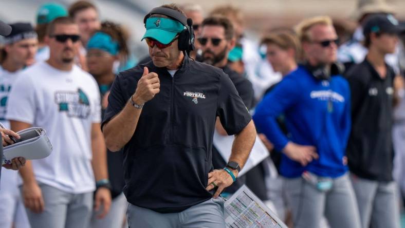 Sep 17, 2022; Conway, South Carolina, USA; Coastal Carolina Chanticleers head coach Jamey Chadwell gives a thumbs up during a game against the Buffalo Bulls at Brooks Stadium. Mandatory Credit: David Yeazell-USA TODAY Sports